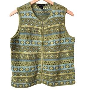Fair Isle Sweater Vest Size S Cotton Blend Knit Emroidery‎ Floral Stripes Zip Up